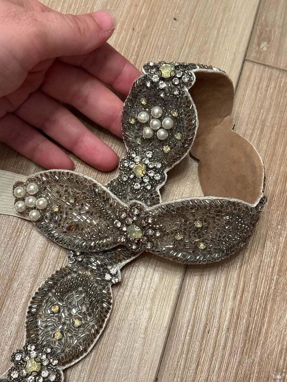 Beaded Rhinestone Applique Silver Gray Floral